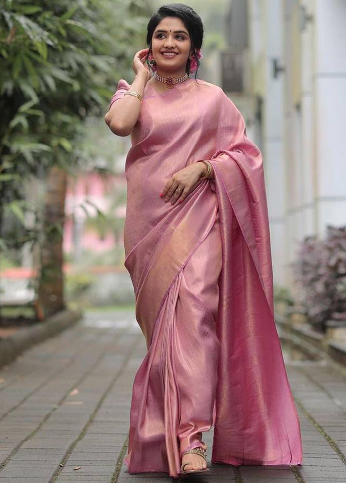 Pink Spun Silk Saree With Blouse Piece
