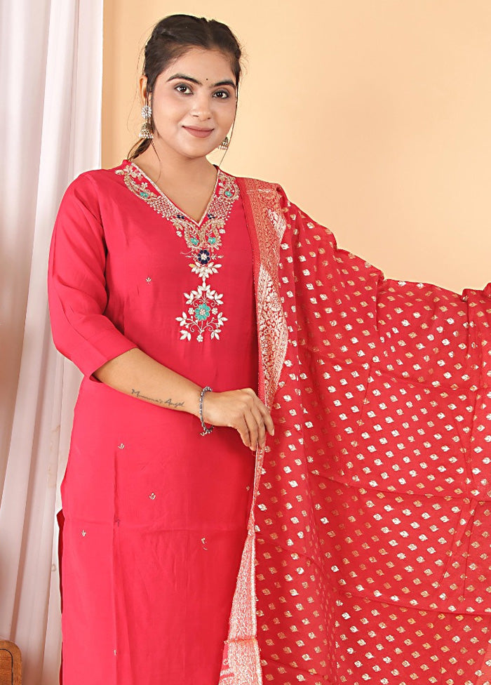 3 Pc Pink Readymade Silk Suit Set