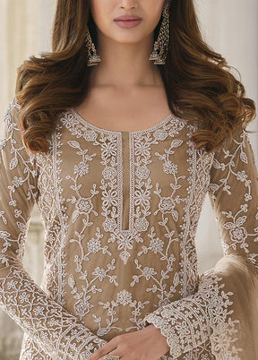 3 Pc Light Brown Semi Stitched Net Suit Set