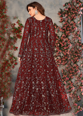 3 Pc Maroon Semi Stitched Net Suit Set