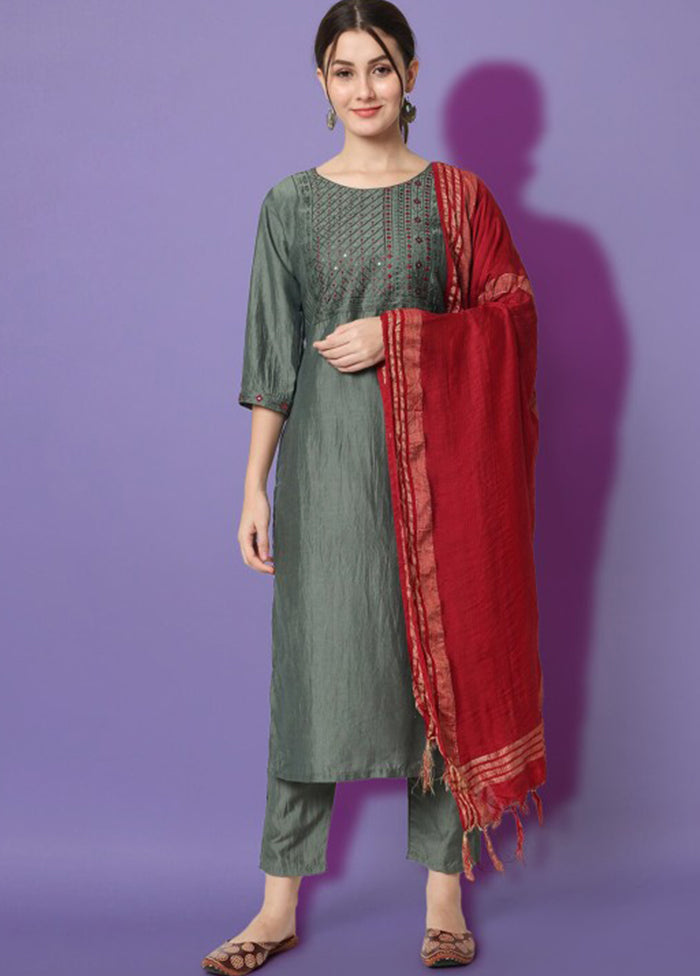 3 Pc Grey Readymade Cotton Suit Set