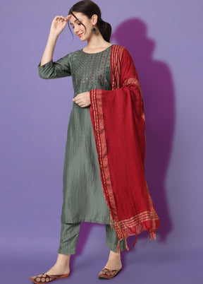 3 Pc Grey Readymade Cotton Suit Set