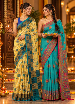 Copper Glow Duo – Yellow Printed Silk & Multicolor Georgette Sarees