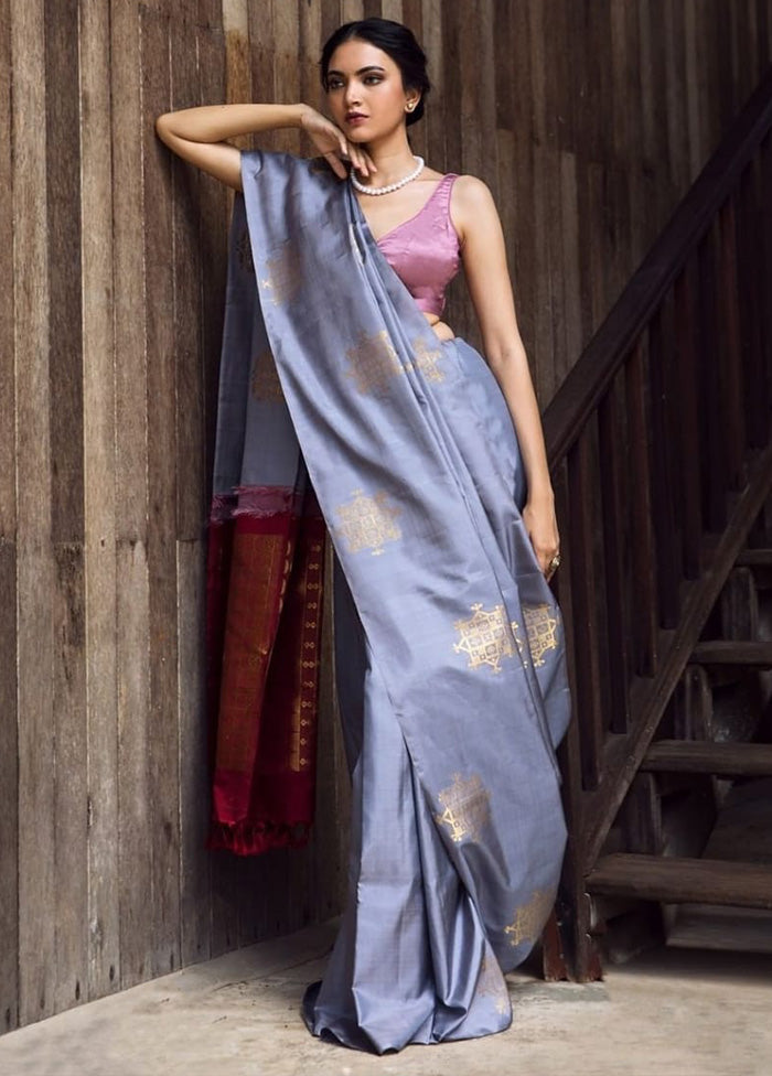 Grey Spun Silk Saree With Blouse Piece