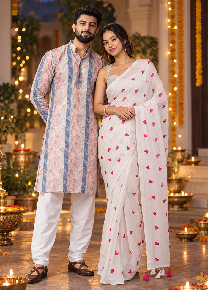 Diya Jodi – White Cotton Saree & Multicolor Silk Kurta Set