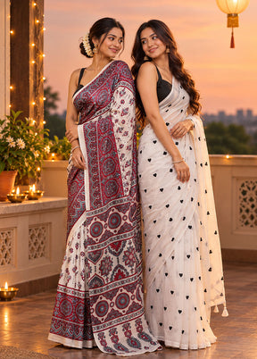 Emerald Marigold Duo – Purple Printed Silk & White Cotton Sarees
