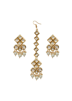 Pearl Beaded Kundan Earrings Mangtika Set - Indian Silk House Agencies