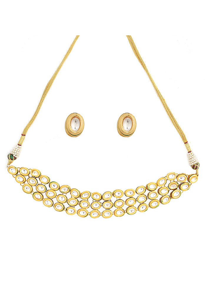 Golden Kundan Work Copper And Alloy Necklace With Earrings - Indian Silk House Agencies