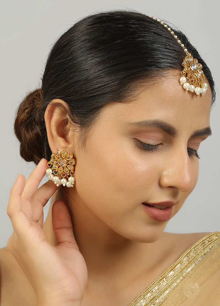 Golden Kundan Work Copper And Alloy Earrings With Mangtika - Indian Silk House Agencies