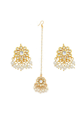 Golden Kundan Work Copper And Alloy Earrings With Mangtika - Indian Silk House Agencies