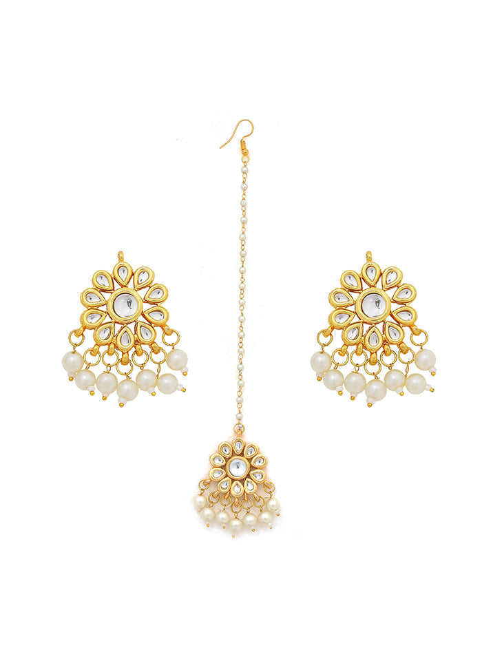 Golden Kundan Work Copper And Alloy Earrings With Mangtika - Indian Silk House Agencies