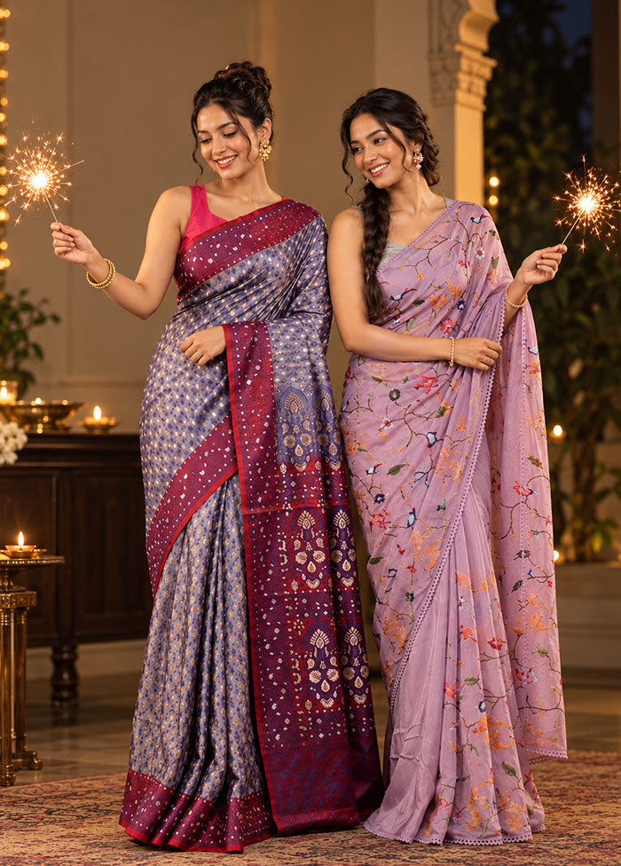 Ghee Ka Diya Duo – Multicolor Tanchoi & Purple Chiffon Sarees