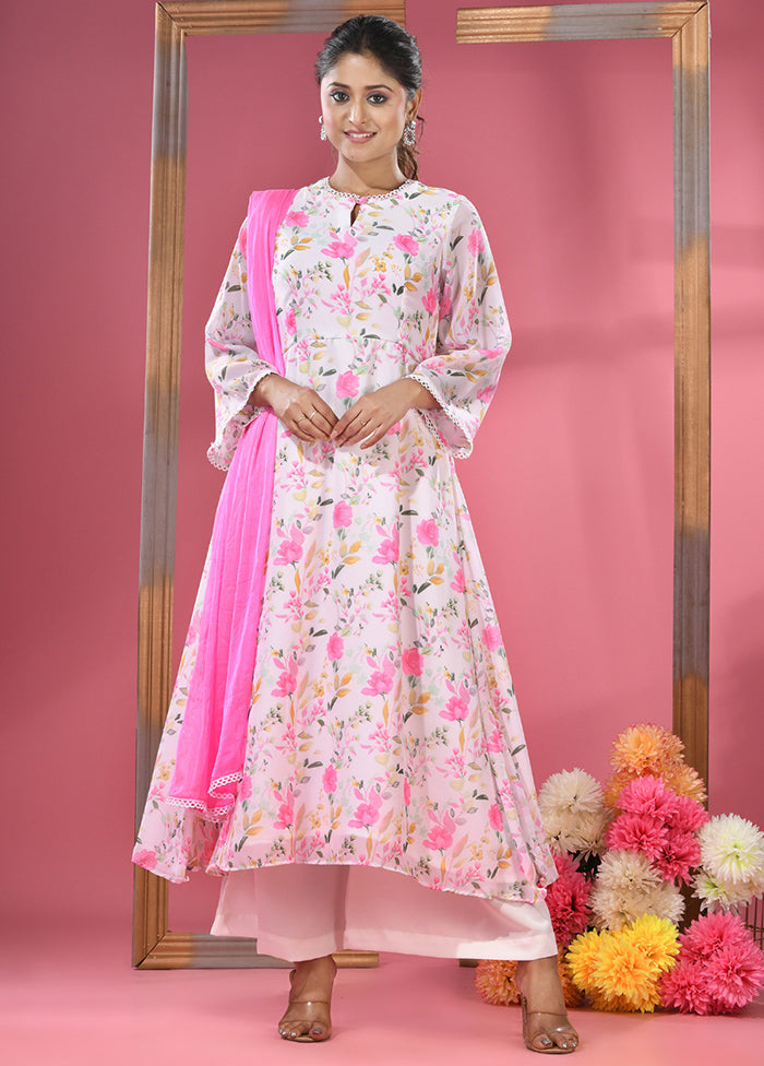 3 Pc White Readymade Georgette Suit Set - Indian Silk House Agencies