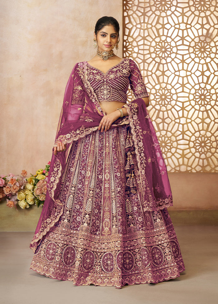 3 Pc Dark Purple Net Semi Stitched Lehenga Set