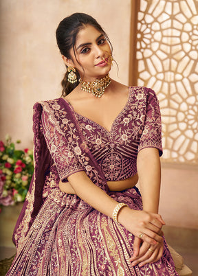3 Pc Dark Purple Net Semi Stitched Lehenga Set