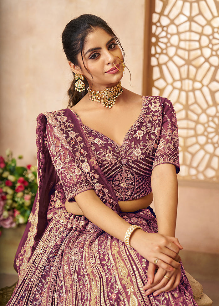 3 Pc Dark Purple Net Semi Stitched Lehenga Set