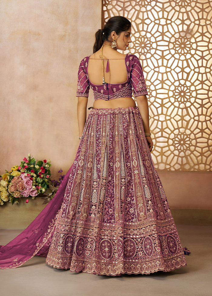 3 Pc Dark Purple Net Semi Stitched Lehenga Set