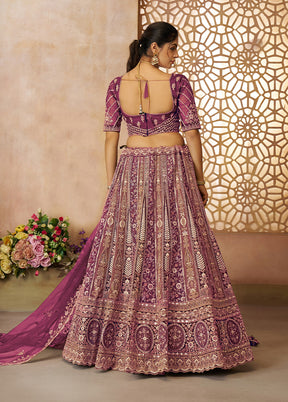 3 Pc Dark Purple Net Semi Stitched Lehenga Set