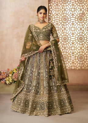 3 Pc Mehendi Net Semi Stitched Lehenga Set