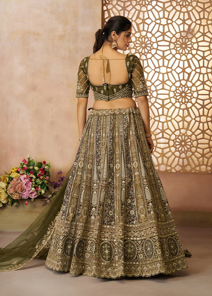 3 Pc Mehendi Net Semi Stitched Lehenga Set