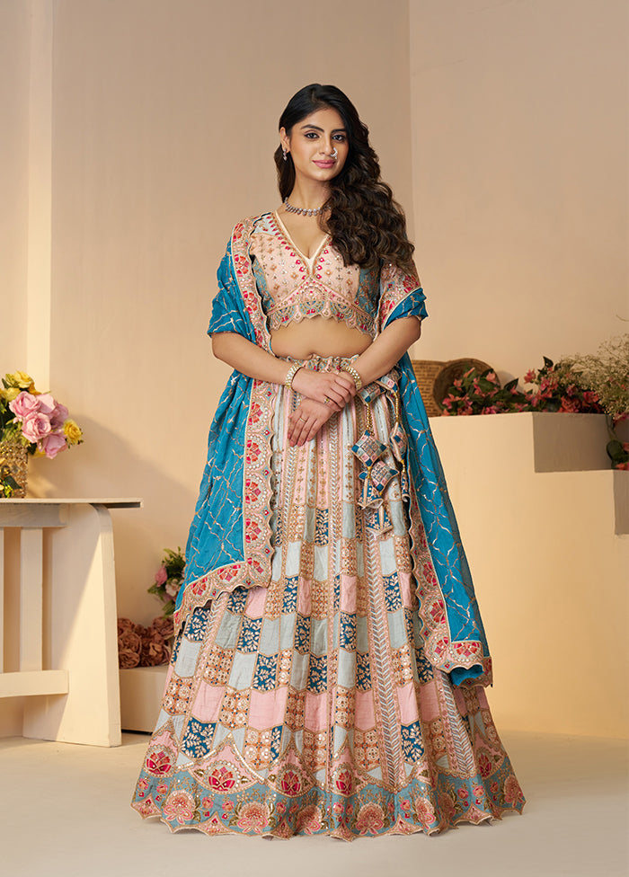 3 Pc Multicolor Silk Semi Stitched Lehenga Set
