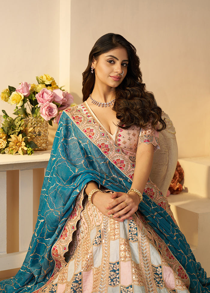 3 Pc Multicolor Silk Semi Stitched Lehenga Set