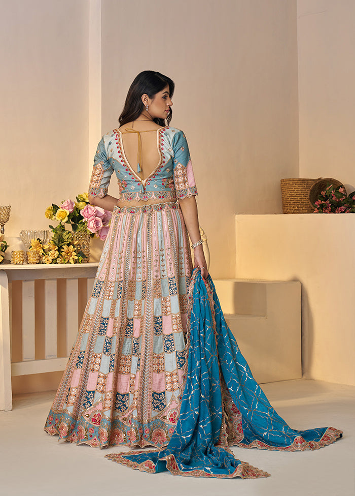 3 Pc Multicolor Silk Semi Stitched Lehenga Set