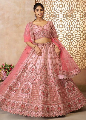 3 Pc Pink Silk Semi Stitched Lehenga Set