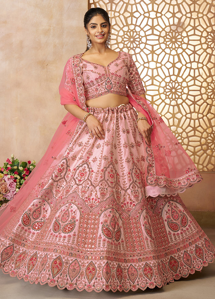 3 Pc Pink Silk Semi Stitched Lehenga Set
