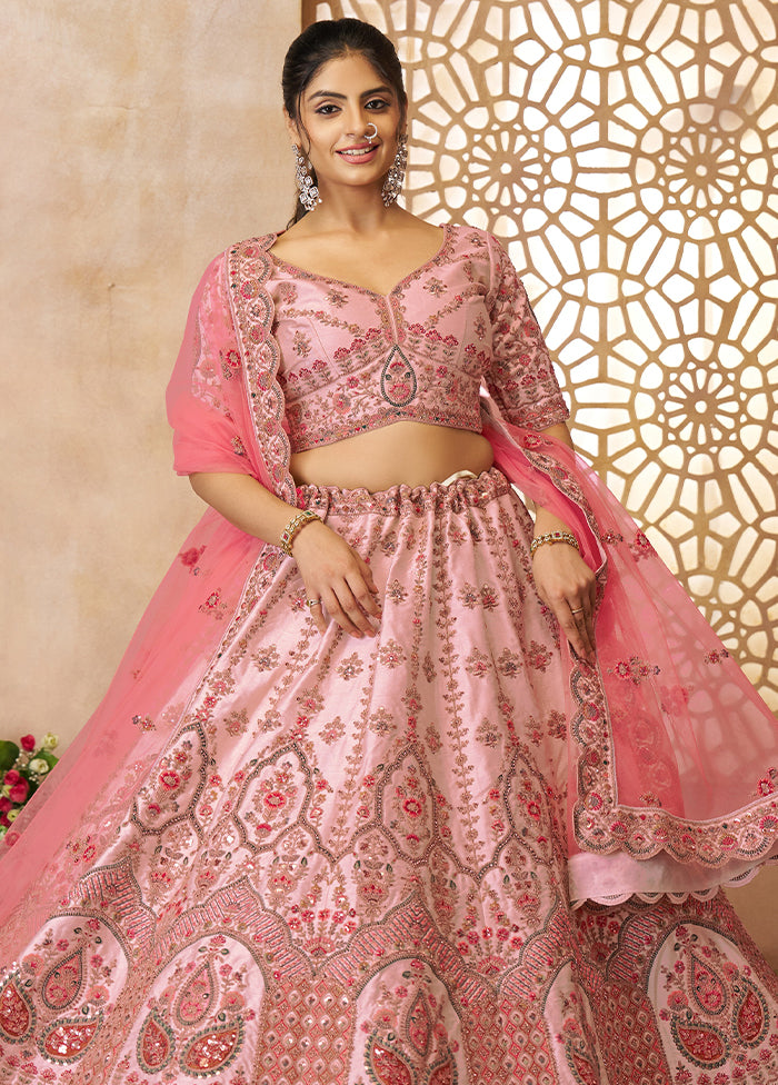 3 Pc Pink Silk Semi Stitched Lehenga Set