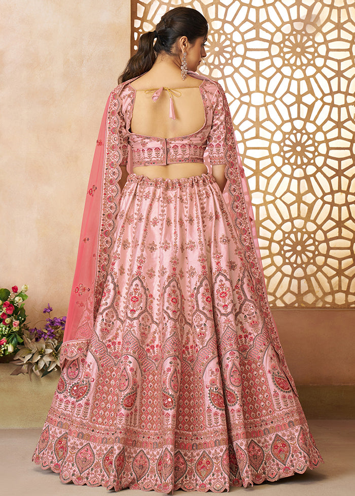 3 Pc Pink Silk Semi Stitched Lehenga Set