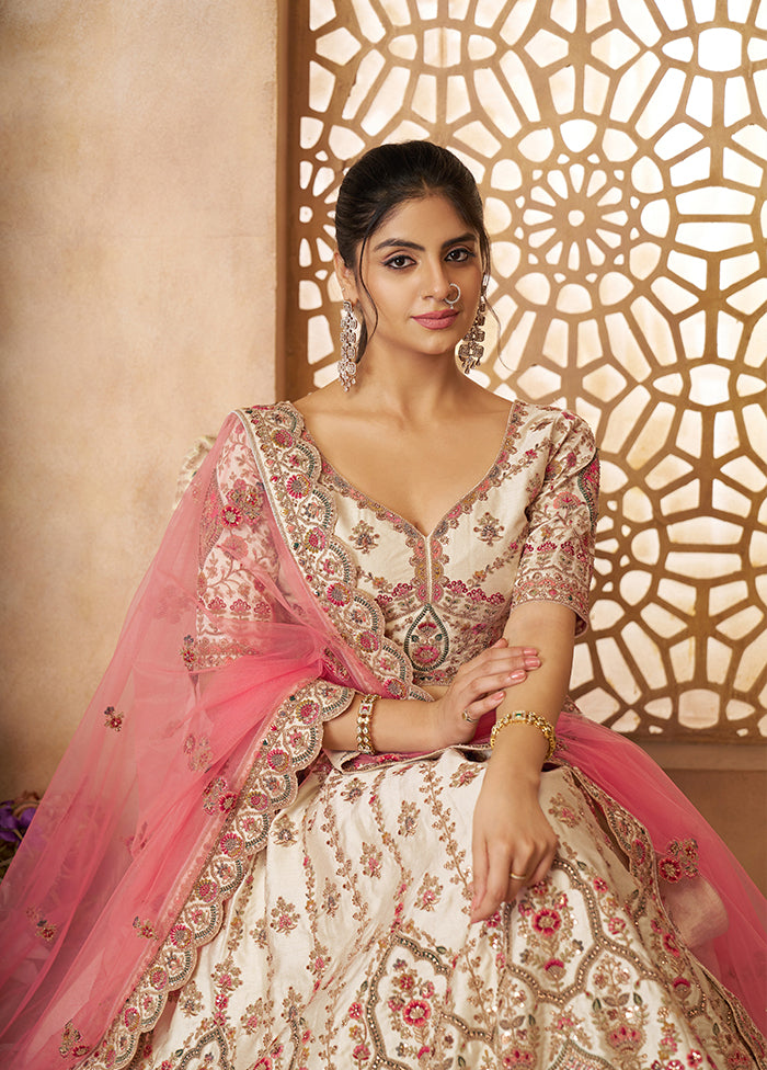 3 Pc White Silk Semi Stitched Lehenga Set