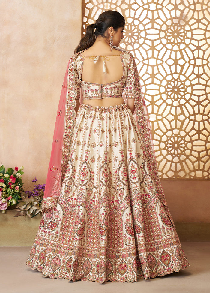 3 Pc White Silk Semi Stitched Lehenga Set