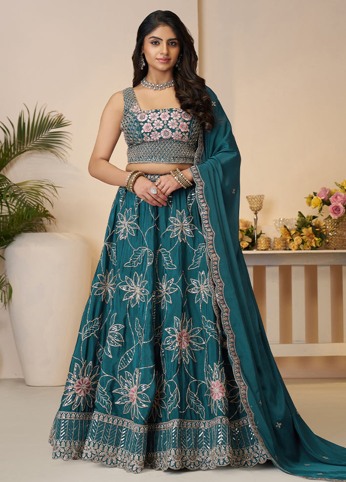 3 Pc Blue Silk Semi Stitched Lehenga Set