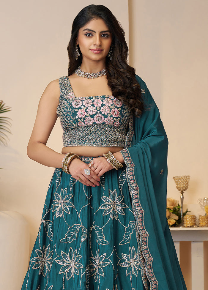 3 Pc Blue Silk Semi Stitched Lehenga Set