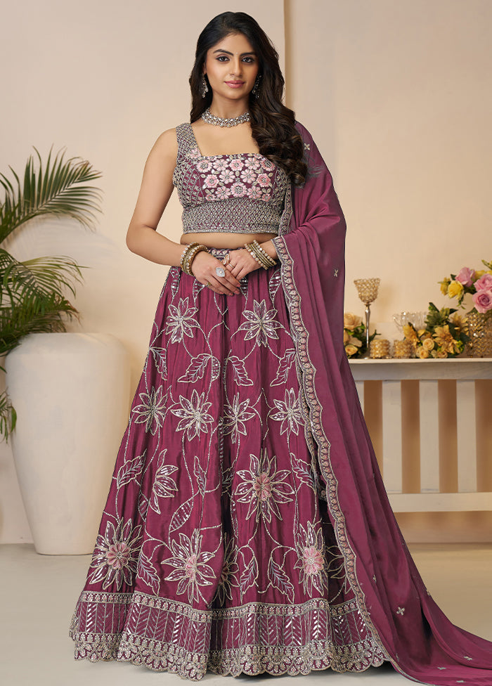 3 Pc Maroon Silk Semi Stitched Lehenga Set