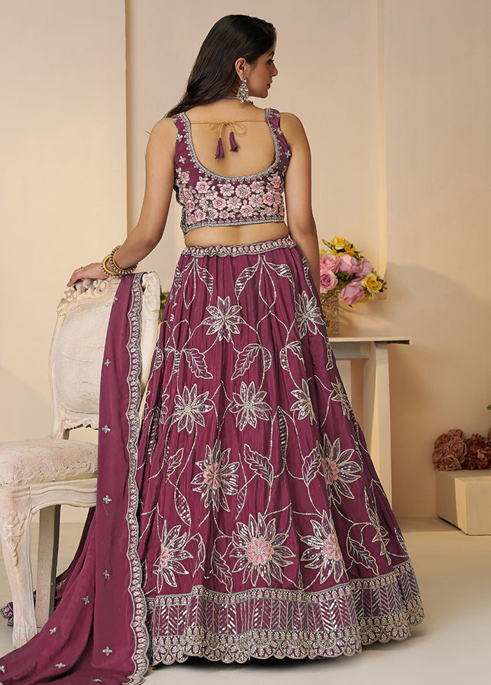 3 Pc Maroon Silk Semi Stitched Lehenga Set