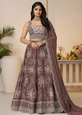 3 Pc Purple Silk Semi Stitched Lehenga Set