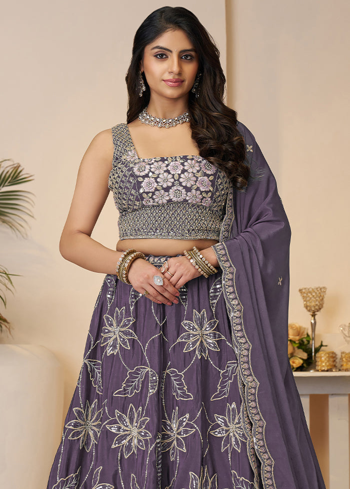 3 Pc Purple Silk Semi Stitched Lehenga Set