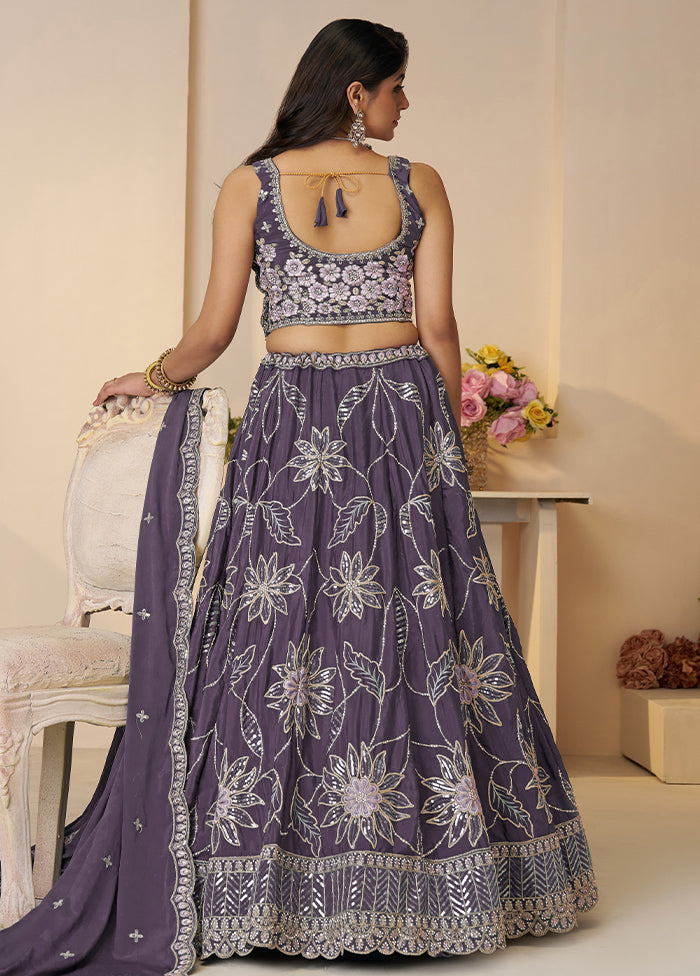 3 Pc Purple Silk Semi Stitched Lehenga Set
