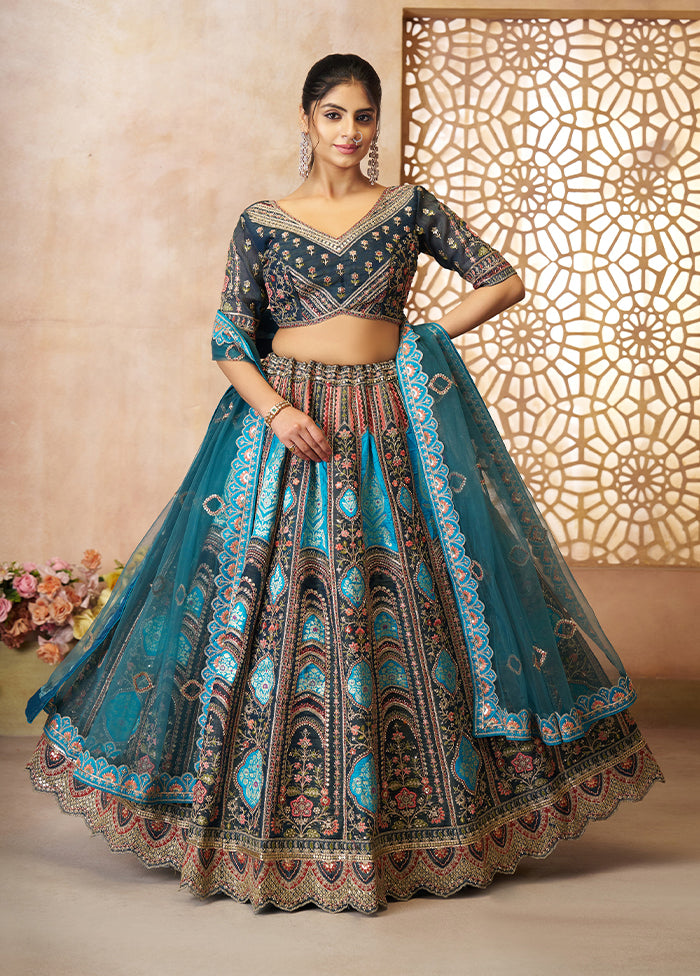 3 Pc Blue Silk Semi Stitched Lehenga Set