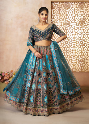 3 Pc Blue Silk Semi Stitched Lehenga Set