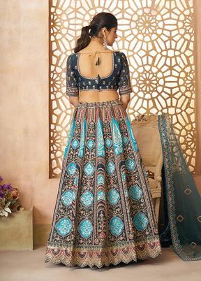 3 Pc Blue Silk Semi Stitched Lehenga Set