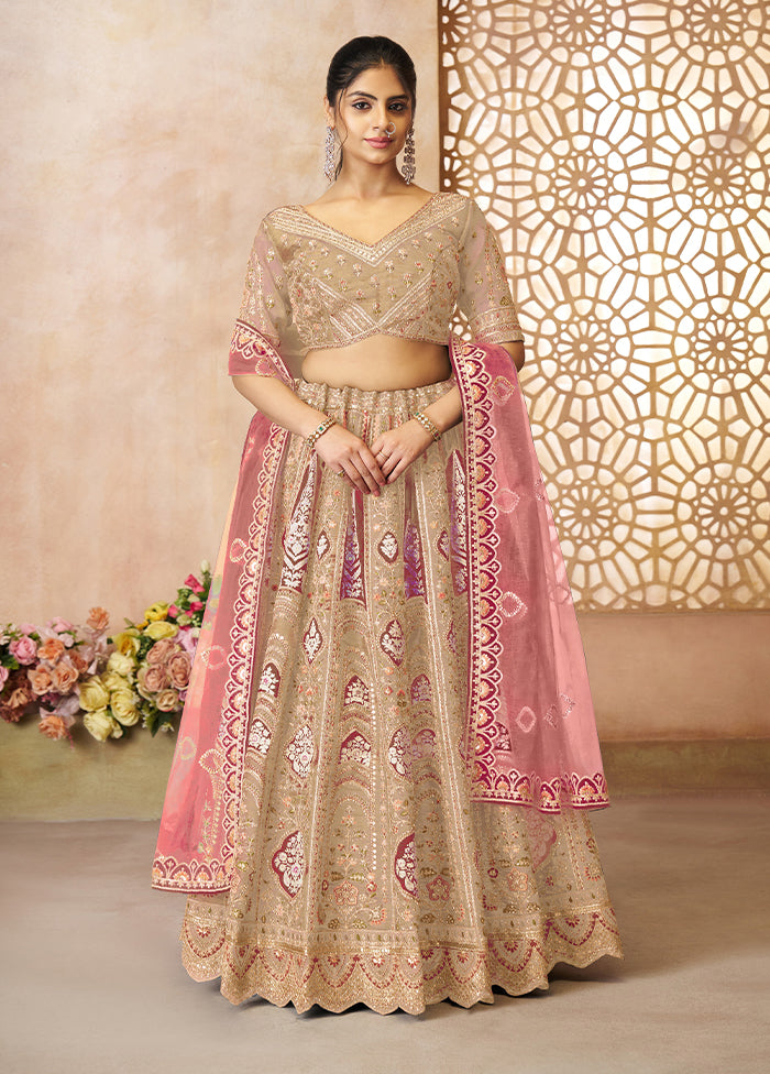 3 Pc Chiku Silk Semi Stitched Lehenga Set