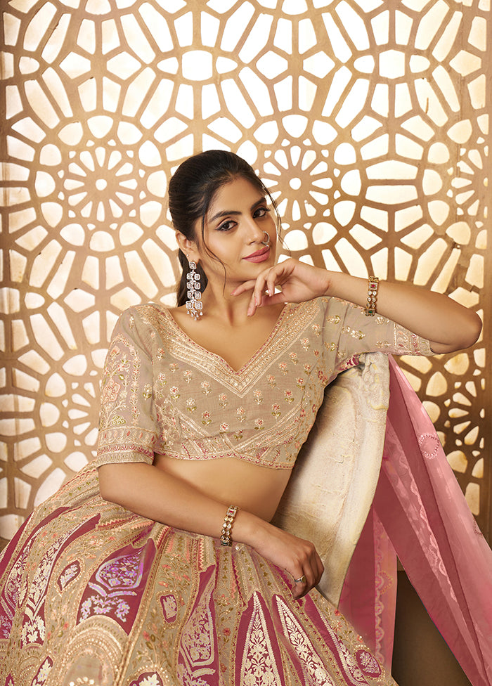3 Pc Chiku Silk Semi Stitched Lehenga Set