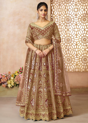3 Pc Coffee Silk Semi Stitched Lehenga Set