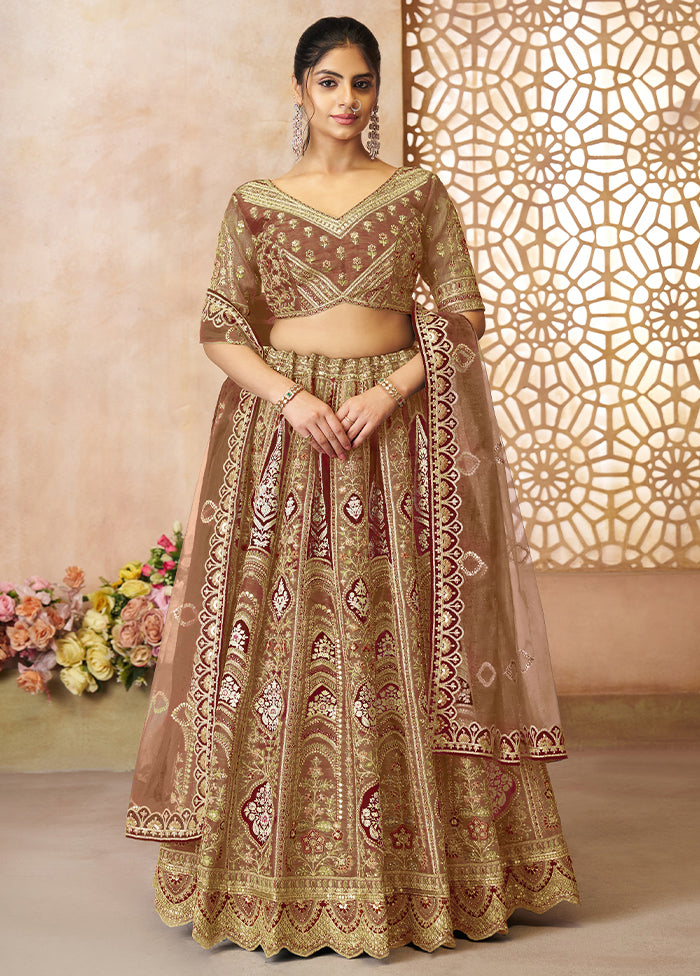 3 Pc Coffee Silk Semi Stitched Lehenga Set