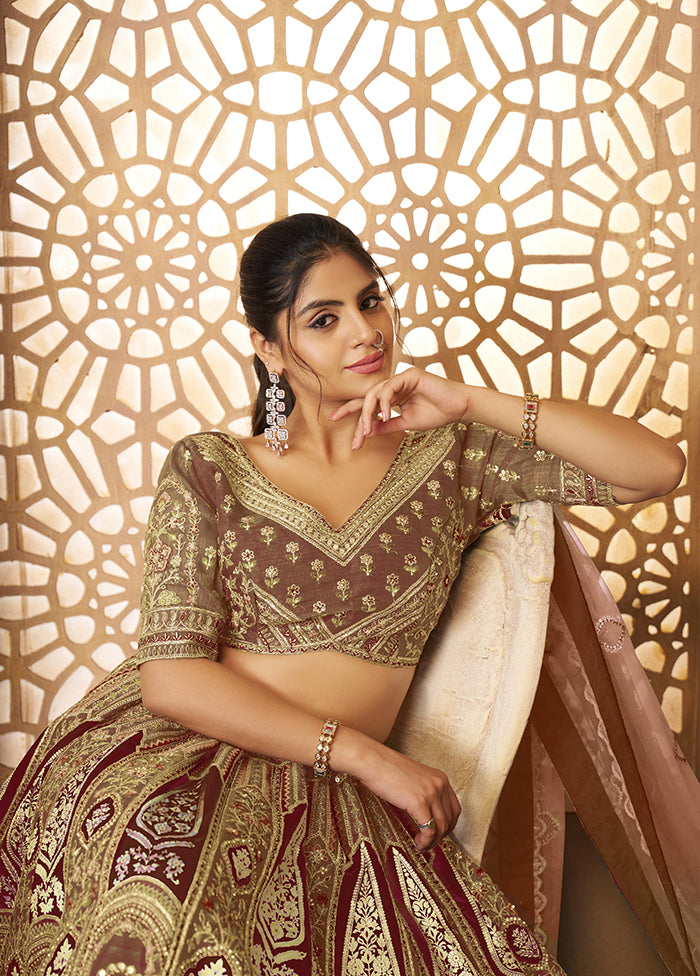 3 Pc Coffee Silk Semi Stitched Lehenga Set