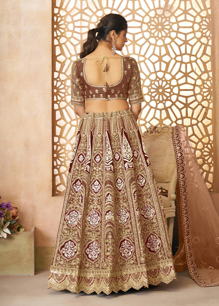 3 Pc Coffee Silk Semi Stitched Lehenga Set