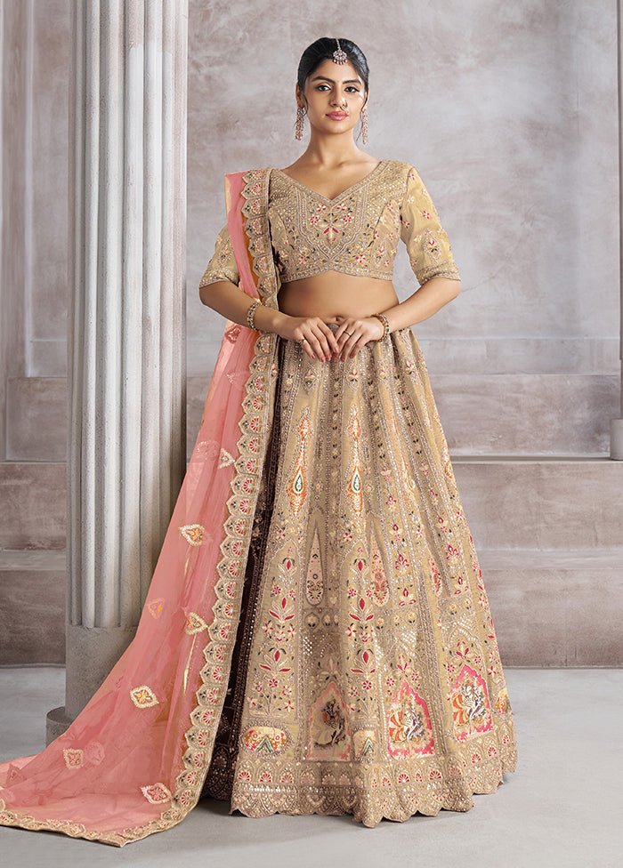 3 Pc Chiku Silk Semi Stitched Lehenga Set